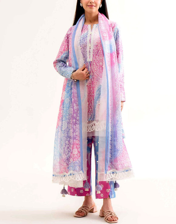 IB Bonanza All-Over Digital Print 3-Piece Linen Dress with Linen Dupatta (DZ18230)