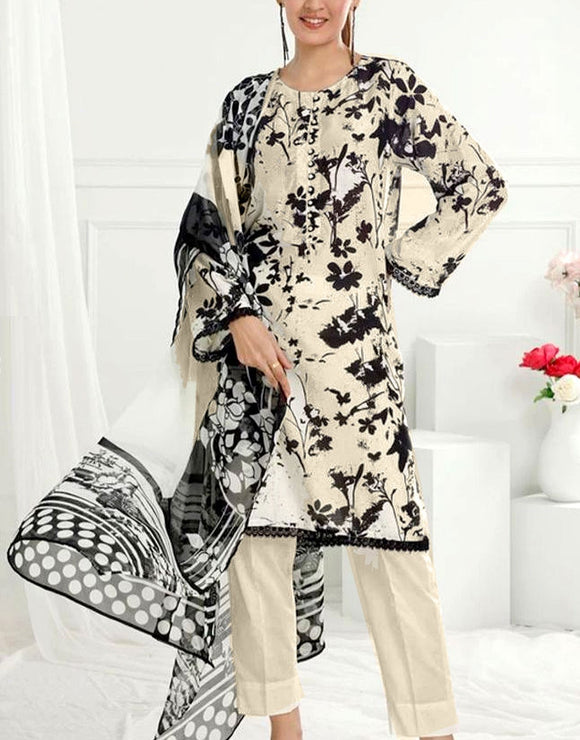 IB Bonanza All-Over Digital Print 3-Piece Linen Dress with Linen Dupatta (DZ18234)