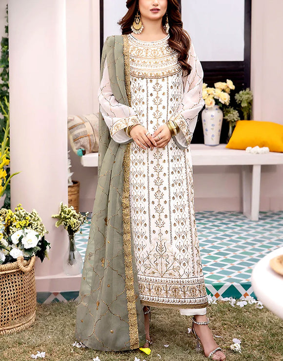 Heavy Embroidered White Chiffon Party Wear Dress (DZ18239)
