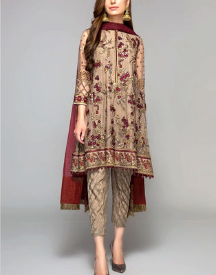 3D Heavy Embroidered Chiffon Party Wear Dress with Inner (DZ18241)