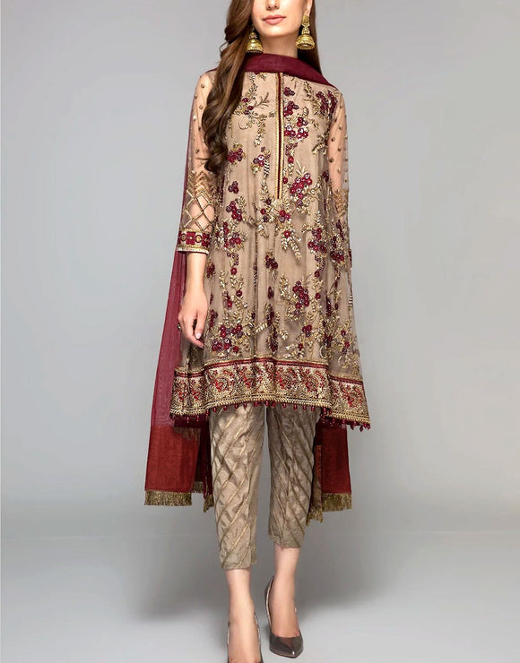 3D Heavy Embroidered Chiffon Party Wear Dress with Inner (DZ18241)