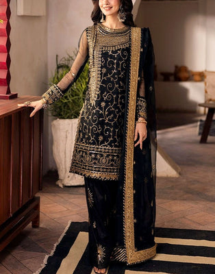 Heavy Embroidered Black Chiffon Party Wear Dress (DZ18242)