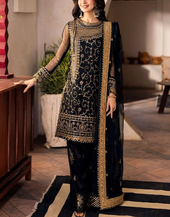 Heavy Embroidered Black Chiffon Party Wear Dress (DZ18242)