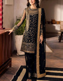 Heavy Embroidered Black Chiffon Party Wear Dress (DZ18242)