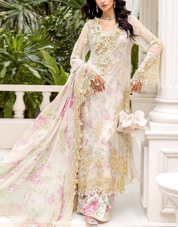 Handwork Heavy Embroidered Fancy White Chiffon Party Wear Dress (DZ18245)
