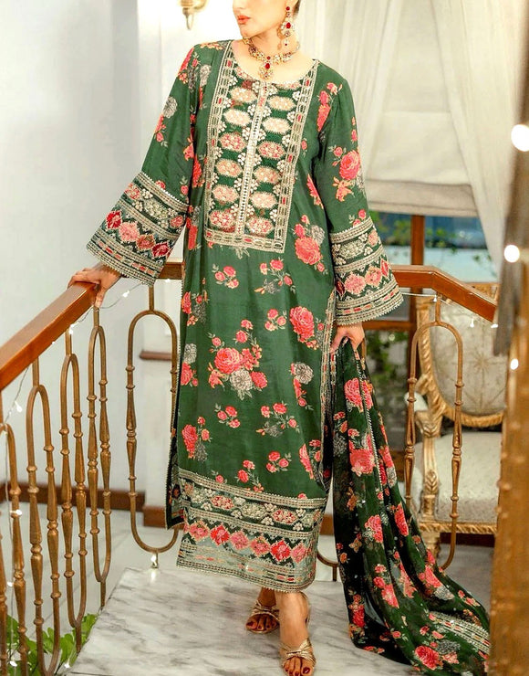 Aneela's Digital Print Embroidered Green Silk Party Wear Dress (DZ18247)