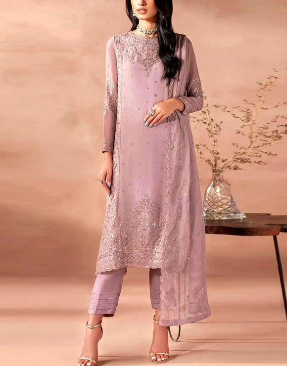 Handwork Heavy Embroidered Chiffon Party Wear Dress (DZ18249)