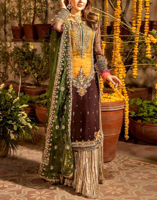 Luxury Heavy Embroidered Bridal Chiffon Mehndi Dress (DZ18251)