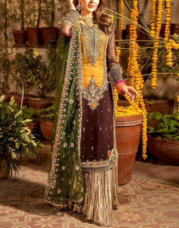 Luxury Heavy Embroidered Bridal Chiffon Mehndi Dress (DZ18251)