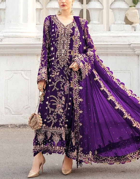 Heavy Embroidered Violet Chiffon Dress for Wedding & Party Wear (DZ18254)