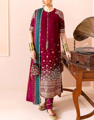 Luxe Embroidered Ruby Pink Velvet Party Dress with Matching Potli Bag (DZ18255)