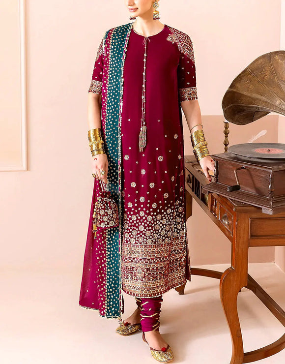 Luxe Embroidered Ruby Pink Velvet Party Dress with Matching Potli Bag (DZ18255)