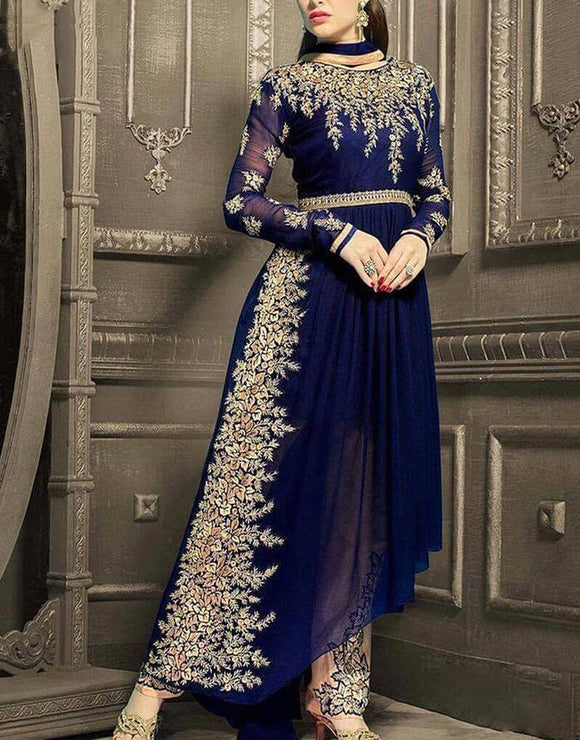 Indian Embroidered Blue Chiffon Frock (DZ09204)