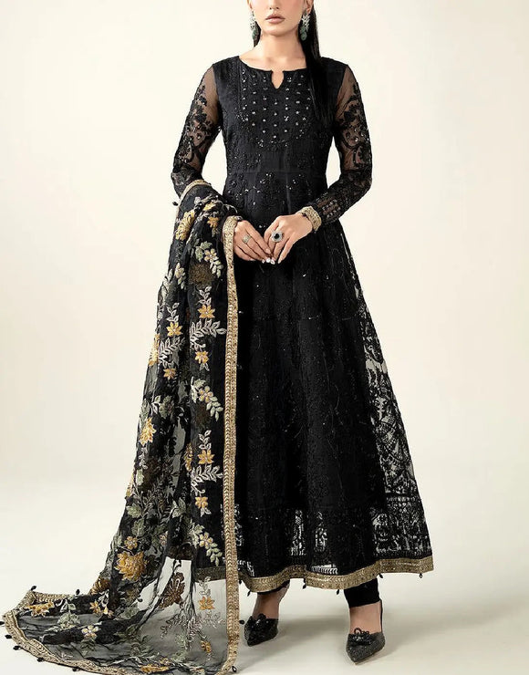 Premium Embroidered with Handwork Black Organza Party Frock for Pakistani Events (DZ18424)