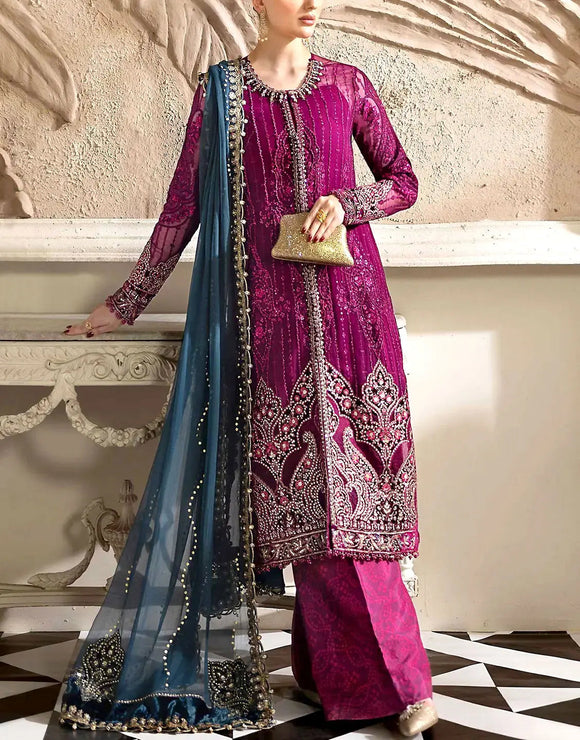 Lavishly Embroidered Magenta Chiffon Wedding Dress (DZ18252)