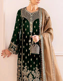 Luxe Embroidered Bottle Green Velvet Dress for Wedding & Party (DZ18253)