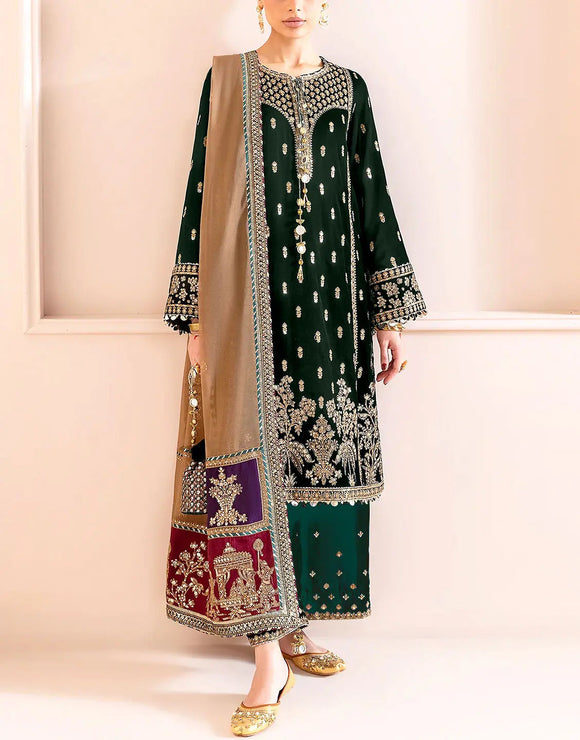 Luxe Embroidered Bottle Green Velvet Dress for Wedding & Party (DZ18253)