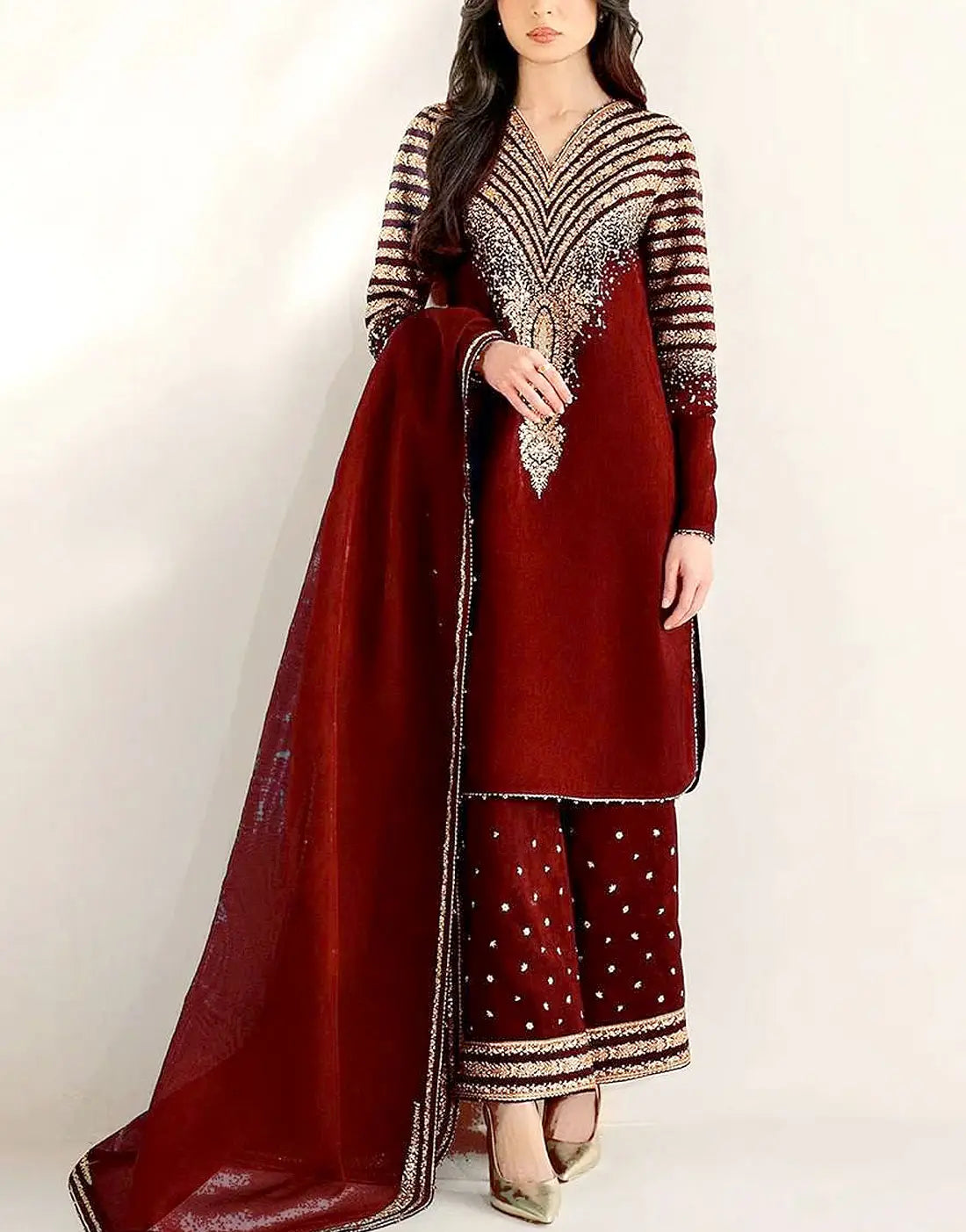 Embroidered Maroon Raw Silk Dress with Embroidered Bottoms (DZ18624) DressyZone.com Embroidered Maroon Raw Silk Dress with Embroidered Bottoms (DZ18624) DressyZone.com