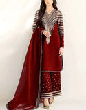 Embroidered Maroon Raw Silk Dress with Embroidered Bottoms (DZ18624)