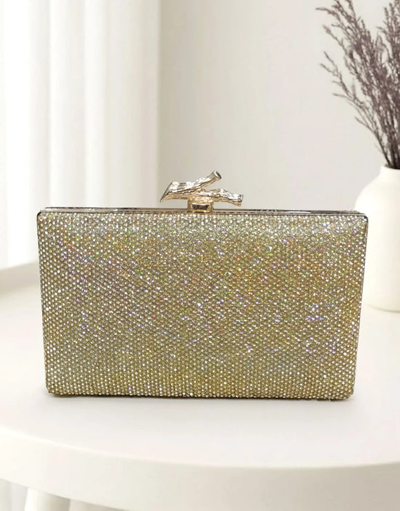 Rectangular Golden Diamante Clutch Purse – Perfect for Brides & Party Wear (DZ18353)