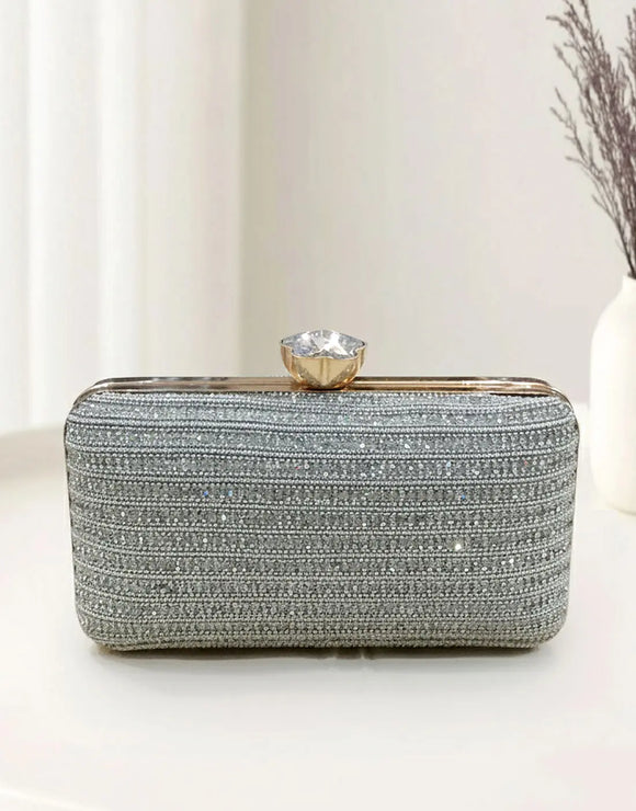 Glitter Silver Diamante Clutch Purse for Formal & Party Wear (DZ18384)