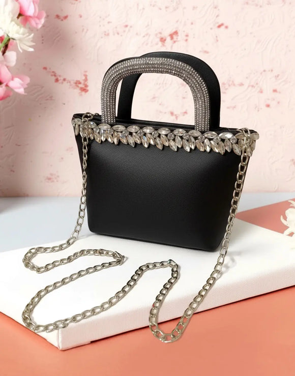 Black Glam Shine Mini Tote Bag with Sparkle Handle and Studs (DZ18361)