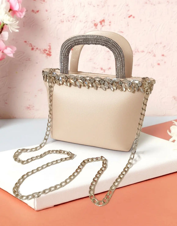 Beige Glam Shine Mini Tote Bag with Sparkle Handle and Studs (DZ18362)