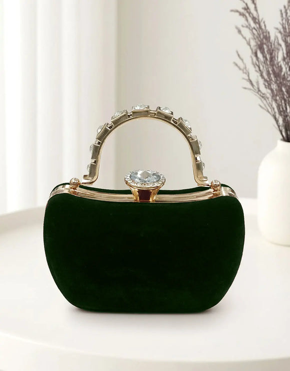 Luxury Bottle Green Velvet Bridal Clutch Purse with Stylish Hand Grip (DZ18381)