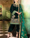 Luxury Embroidered Bottle Green Velvet Dress (DZ18638)