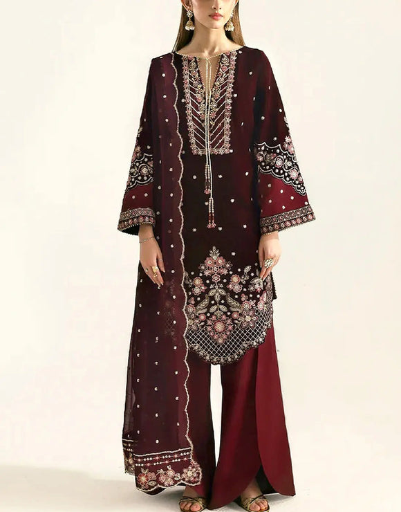 Luxury Embroidered Maroon Velvet Wedding Dress with Heavy Daman Cutwork (DZ18446)