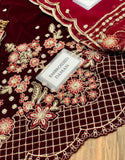 Luxury Embroidered Maroon Velvet Wedding Dress with Heavy Daman Cutwork (DZ18446)