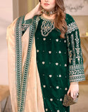 Luxe Embroidered with Handwork Bottle Green Velvet Dress (DZ18639)