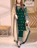 Luxe Embroidered with Handwork Bottle Green Velvet Dress (DZ18639)