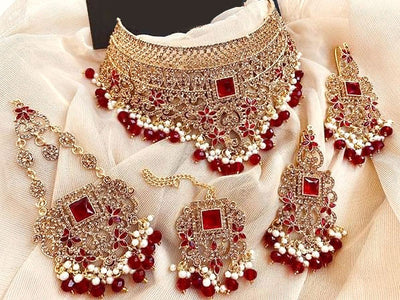 Ethnic Bridal Collar Choker Necklace Set with Earrings Jhummar and Tikka (DZ14610)