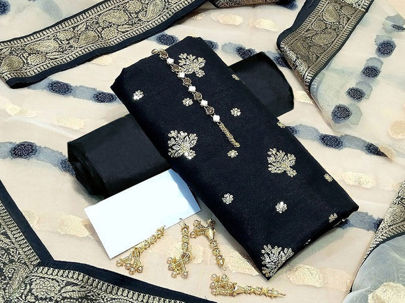 Banarsi Style Embroidered Raw Silk Dress with Organza Jacquard Dupatta (DZ14850)