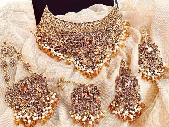Classic Bridal Collar Choker Necklace Set with Earrings, Jhummar and Tikka (DZ14611)