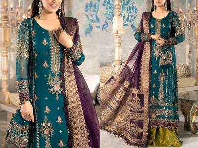 Heavy Embroidered Chiffon Party Wear Dress 2023 (DZ14224)