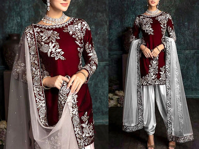 Embroidered Maroon Silk Party Wear Suit (DZ14544)