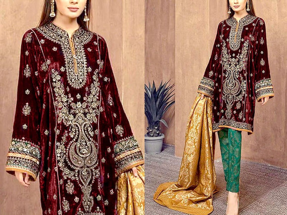 Heavy Embroidered Velvet Party Wear Dress with Jamawar Trouser (DZ14495)