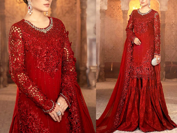 Cutwork Heavy Embroidered Red Chiffon Wedding Dress (DZ14512)