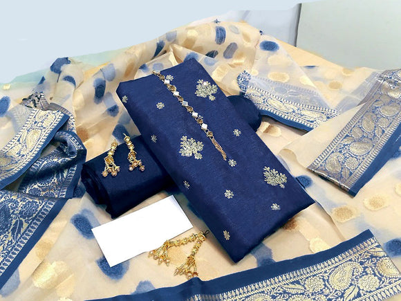 Raw silk dress material elaichi green peacock blue with zari weaves & –  Maatshi
