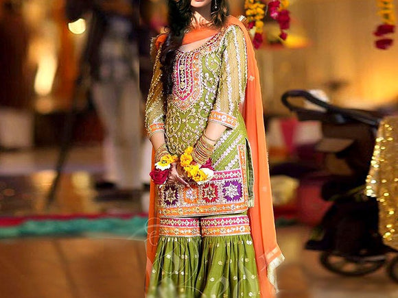 Heavy Embroidered Chiffon Mehndi Dress (DZ12675)