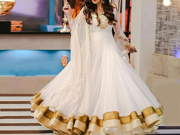 Embroidered White Chiffon Maxi Dress (DZ11305)