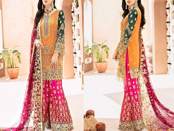 Embroidered Chiffon Bridal Dress with Embroidered Silk Trouser (DZ13321)