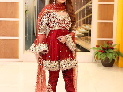 Embroidered Red Chiffon Bridal Dress (DZ12424)