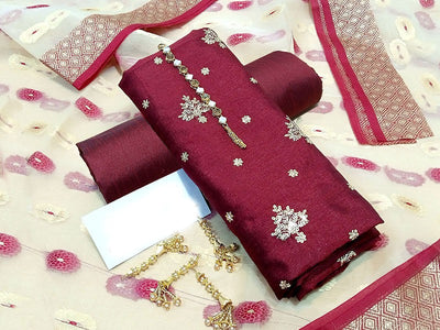 Banarsi Style Embroidered Raw Silk Dress with Organza Jacquard Dupatta (DZ14862)