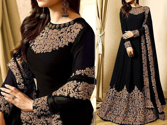 Indian Embroidered Black Chiffon Maxi Dress (DZ11395)