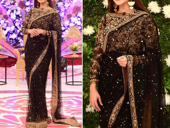 Embroidered Black Chiffon Saree with Inner (DZ11536)