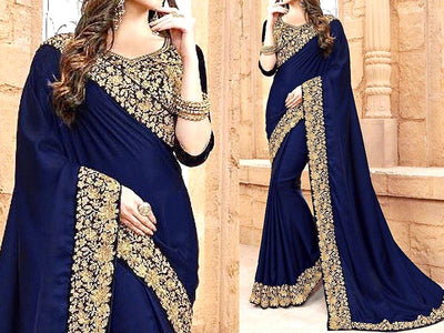 Indian Embroidered Navy Blue Chiffon Saree (DZ11549)