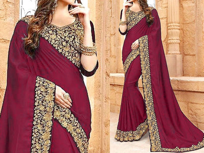 Indian Embroidered Maroon Chiffon Saree (DZ11550)